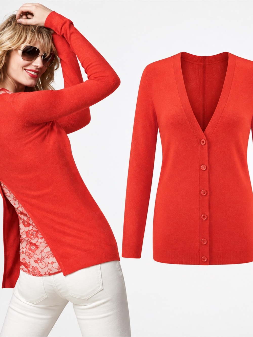 NWT Cabi 3155 Cobblestone Cardigan Womens M Fiery Red Lace Inset Sweater